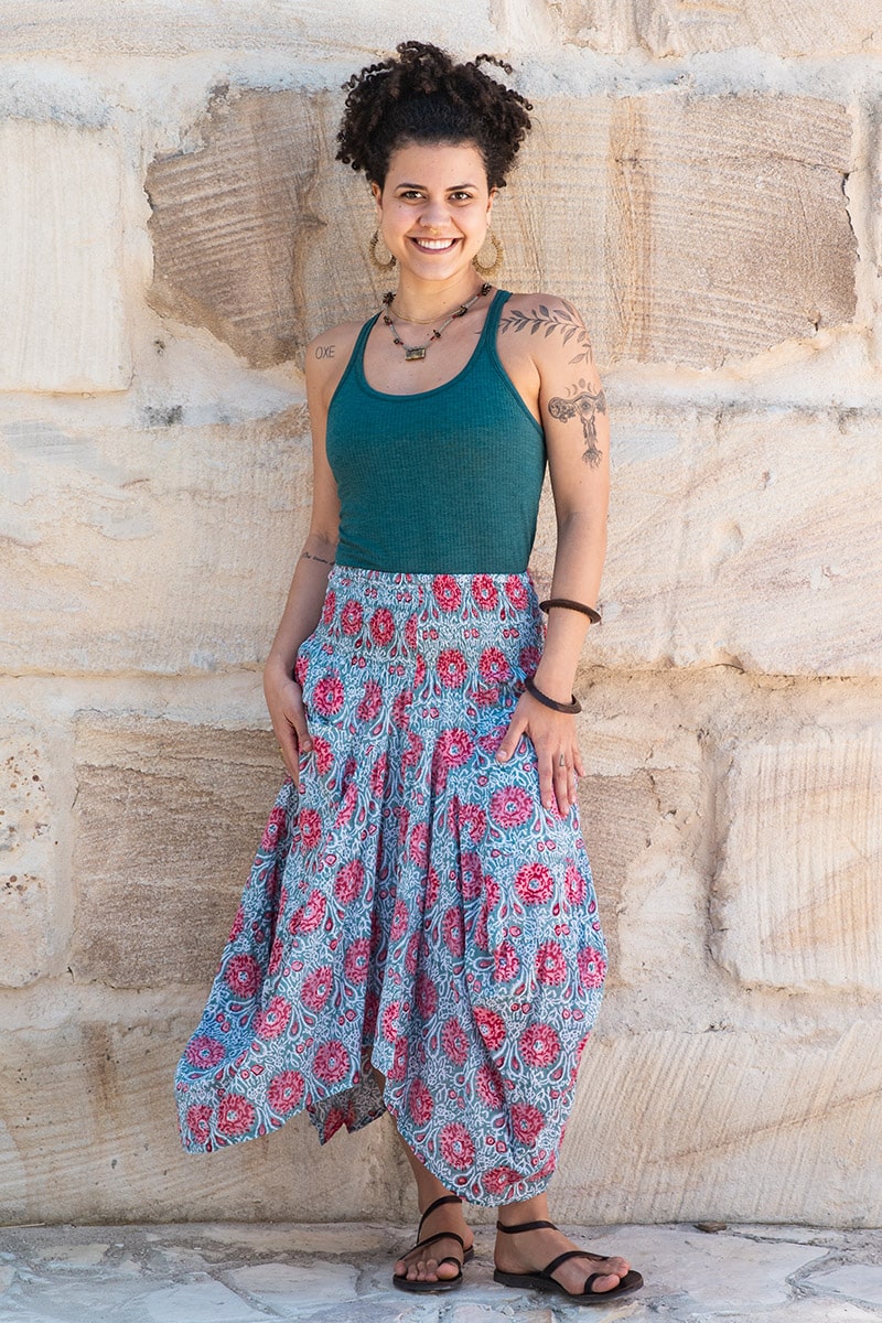 Womens, Coco Skirt, 100% cotton, hand block print. In watermelon pink & grey - Floria