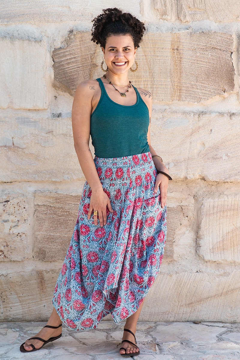 Womens, Coco Skirt, 100% cotton, hand block print. In watermelon pink & grey - Floria