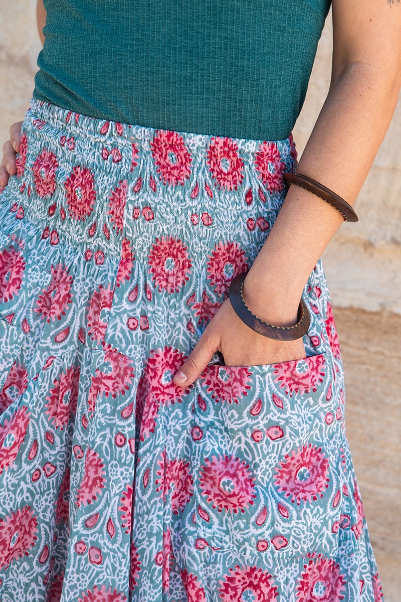 Womens, Coco Skirt, 100% cotton, hand block print. In watermelon pink & grey - Floria