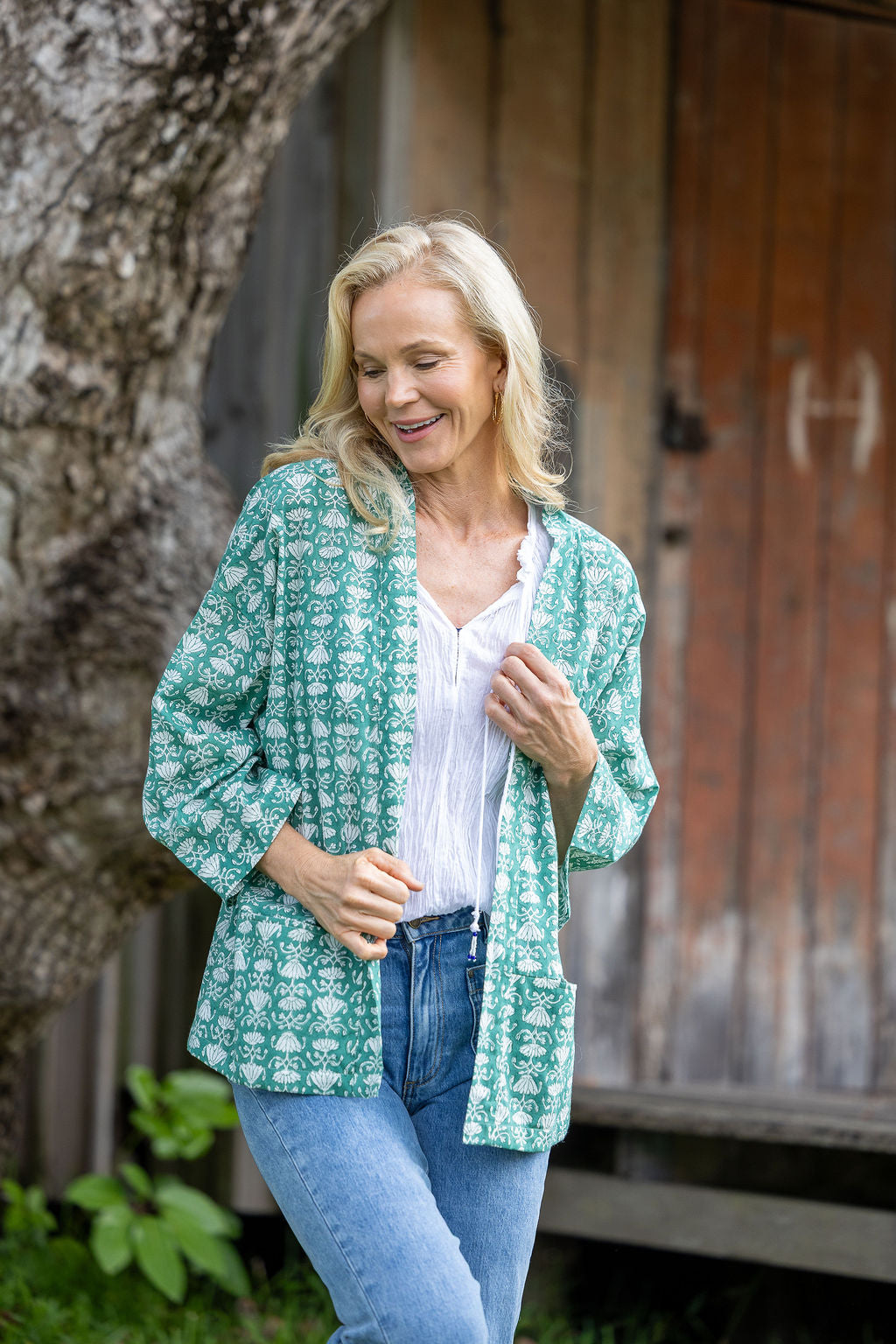 Womens, Lotus Jacket, full sleeve, 100% cotton, hand block print. In a Green Lotus print - Jade