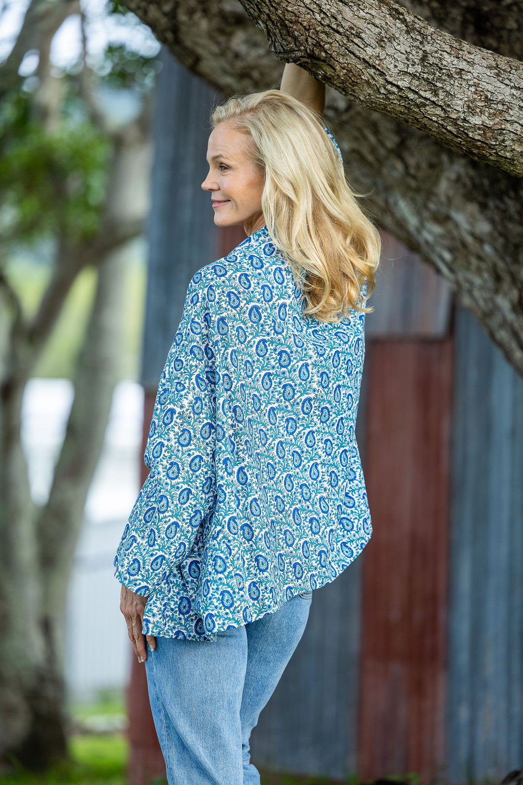 Womens, Lotus Jacket, full sleeve, 100% cotton, hand block print. Paisley print - Blue Henna