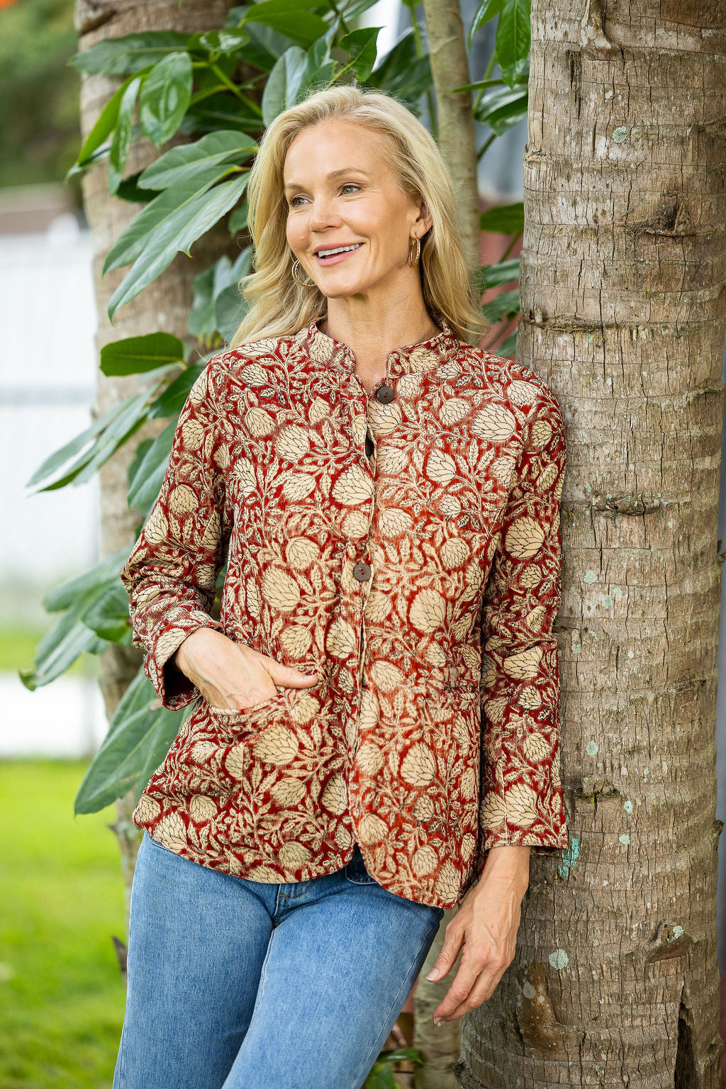 Womens, Tilbra Jacket, long sleeve, 100% cotton corduroy, hand block print. In natural Rustic Red Jivana print.