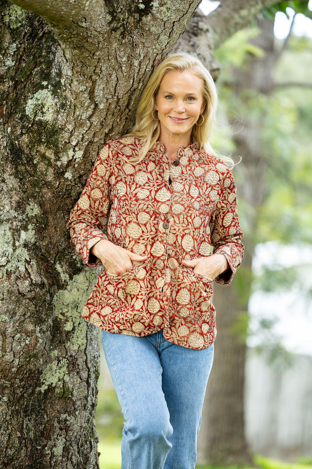 Womens, Tilbra Jacket, long sleeve, 100% cotton corduroy, hand block print. In natural Rustic Red Jivana print.