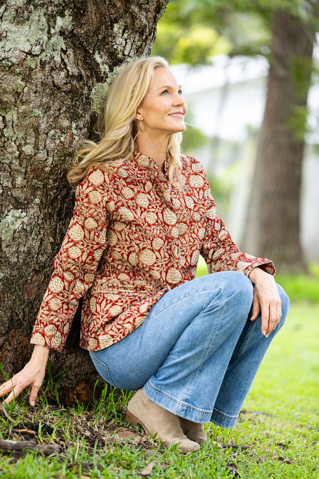 Womens, Tilbra Jacket, long sleeve, 100% cotton corduroy, hand block print. In natural Rustic Red Jivana print.