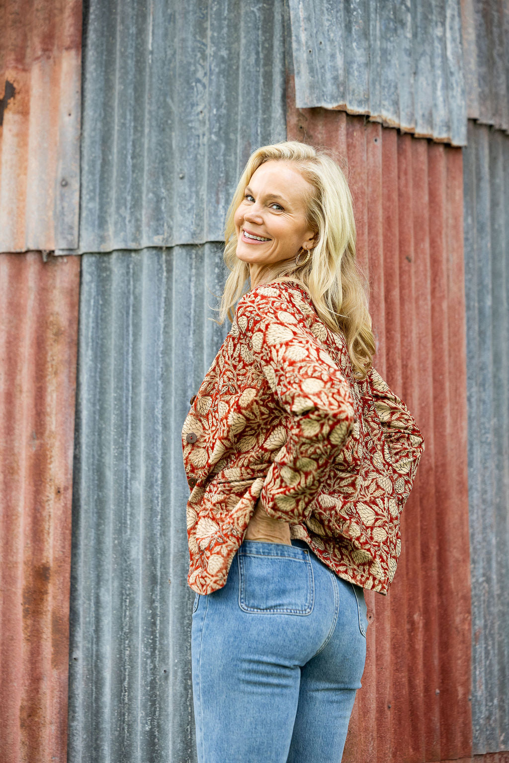 Womens, Tilbra Jacket, long sleeve, 100% cotton corduroy, hand block print. In natural Rustic Red Jivana print.