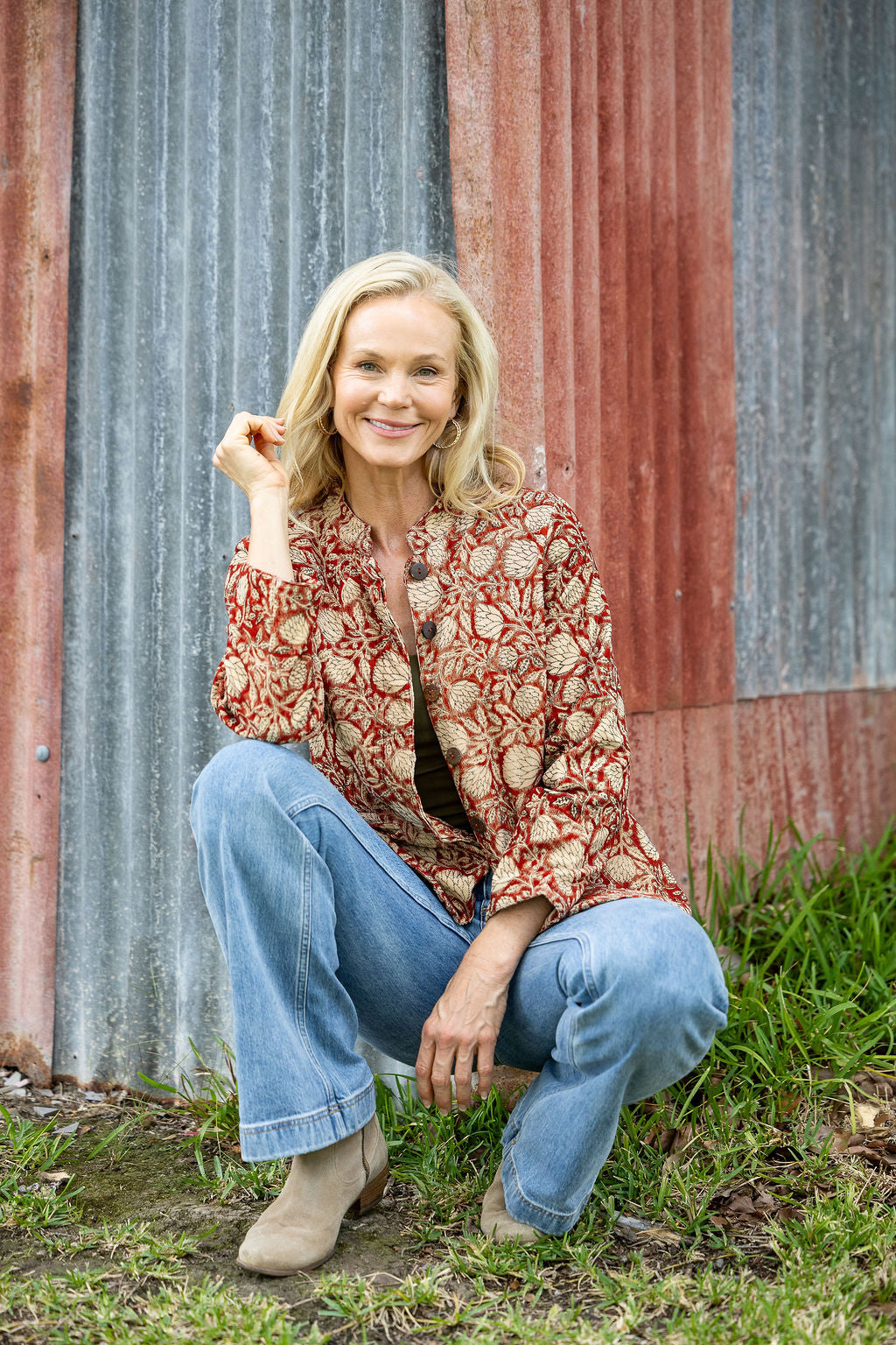 Womens, Tilbra Jacket, long sleeve, 100% cotton corduroy, hand block print. In natural Rustic Red Jivana print.
