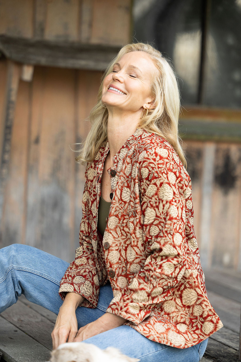 Womens, Tilbra Jacket, long sleeve, 100% cotton corduroy, hand block print. In natural Rustic Red Jivana print.