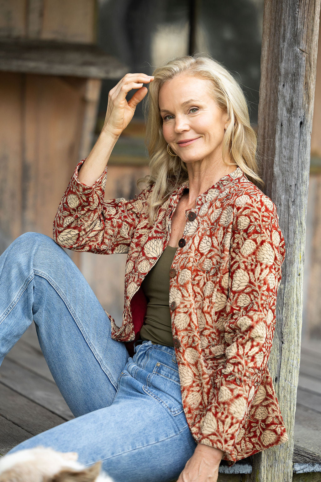 Womens, Tilbra Jacket, long sleeve, 100% cotton corduroy, hand block print. In natural Rustic Red Jivana print.