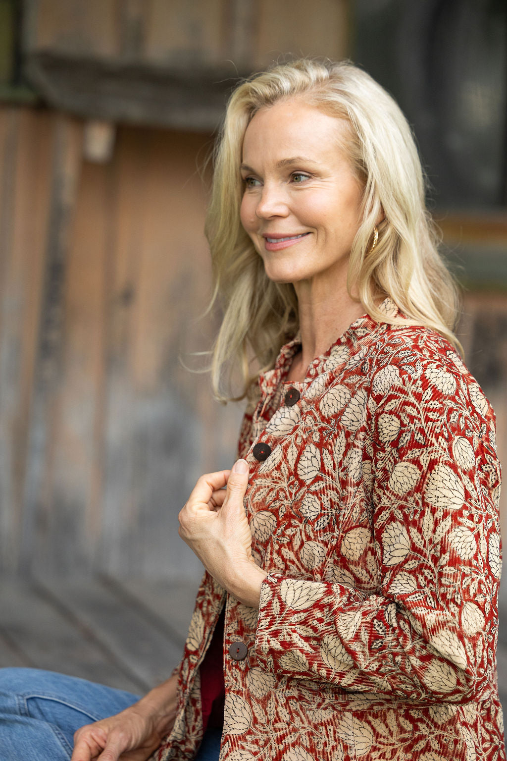 Womens, Tilbra Jacket, long sleeve, 100% cotton corduroy, hand block print. In natural Rustic Red Jivana print.