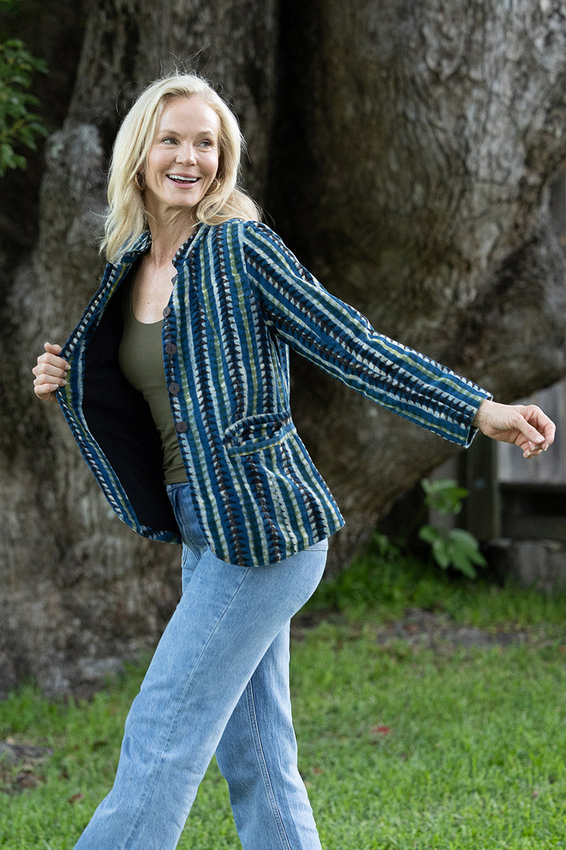 Womens, Tilbra Jacket, long sleeve, 100% cotton corduroy, hand block print. In natural earthy forest tones. Lazulite