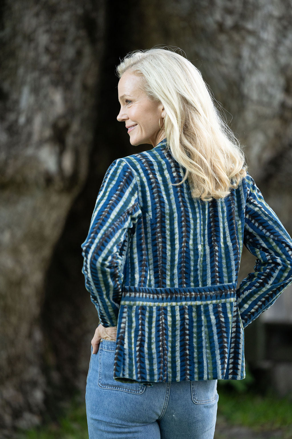 Womens, Tilbra Jacket, long sleeve, 100% cotton corduroy, hand block print. In natural earthy forest tones. Lazulite