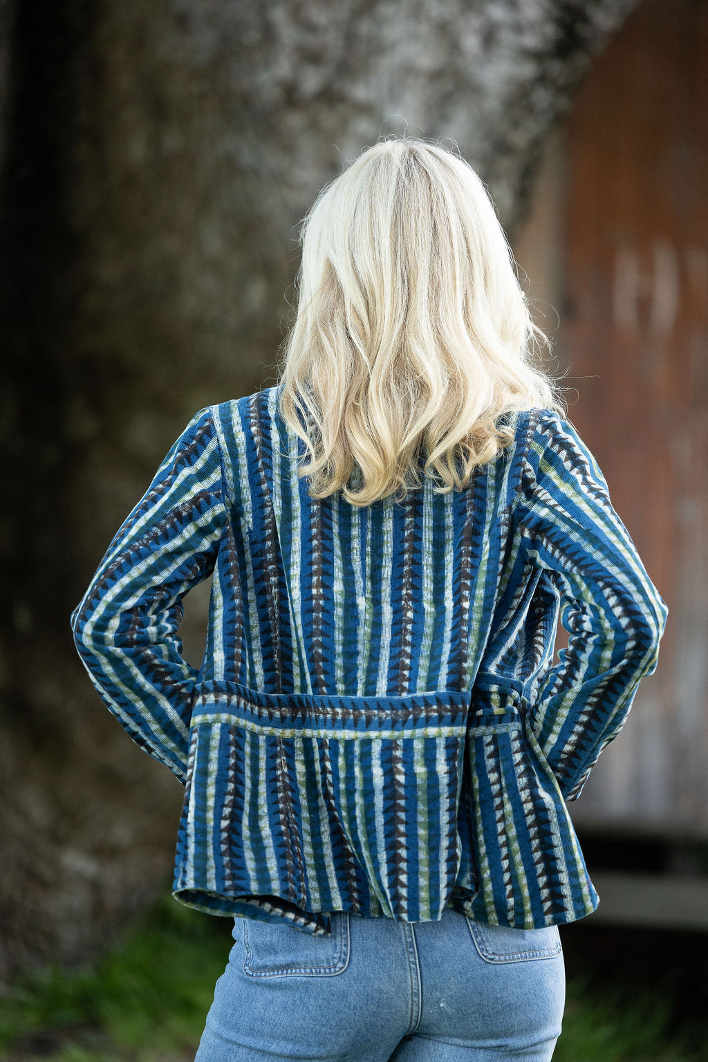 Womens, Tilbra Jacket, long sleeve, 100% cotton corduroy, hand block print. In natural earthy forest tones. Lazulite