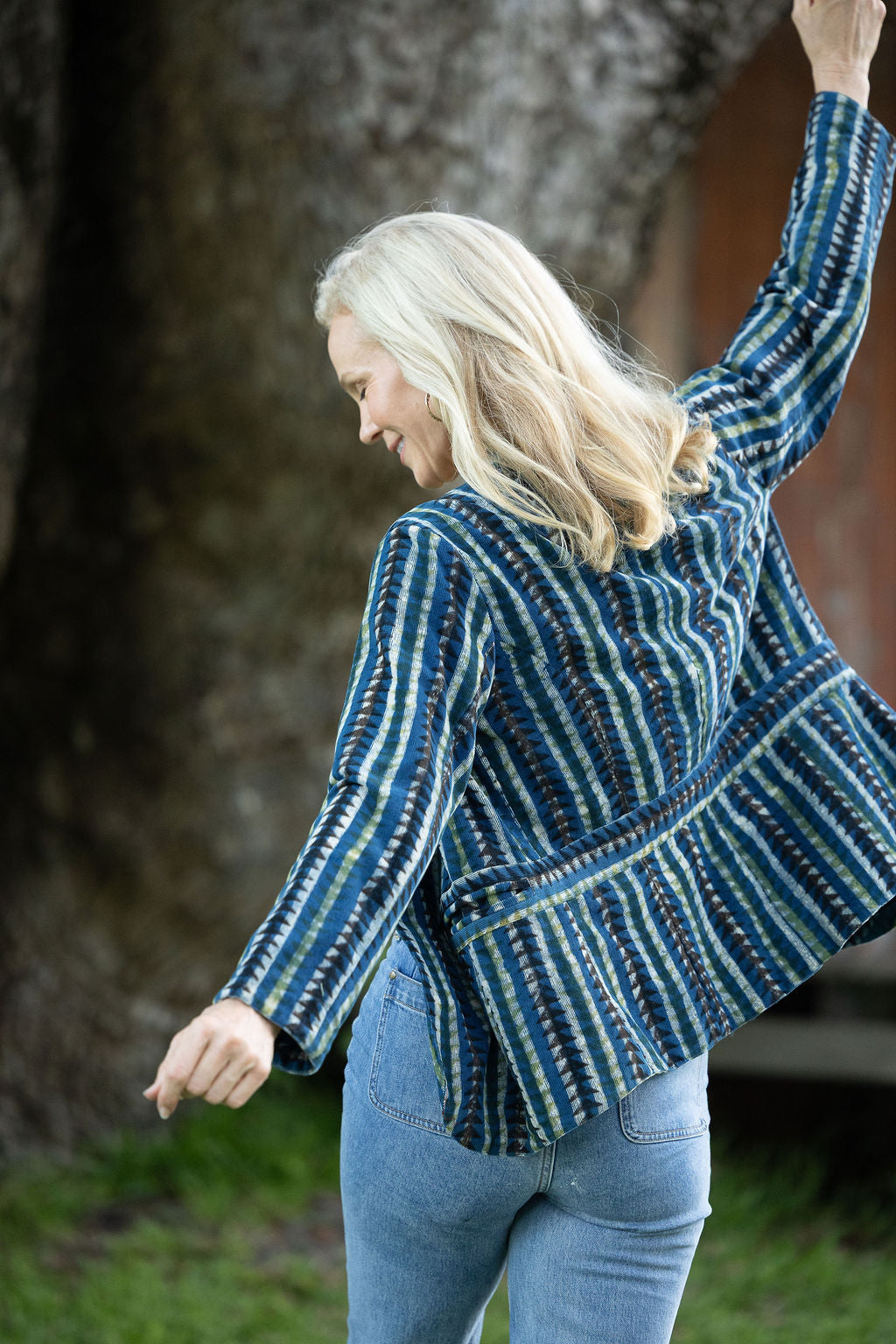 Womens, Tilbra Jacket, long sleeve, 100% cotton corduroy, hand block print. In natural earthy forest tones. Lazulite