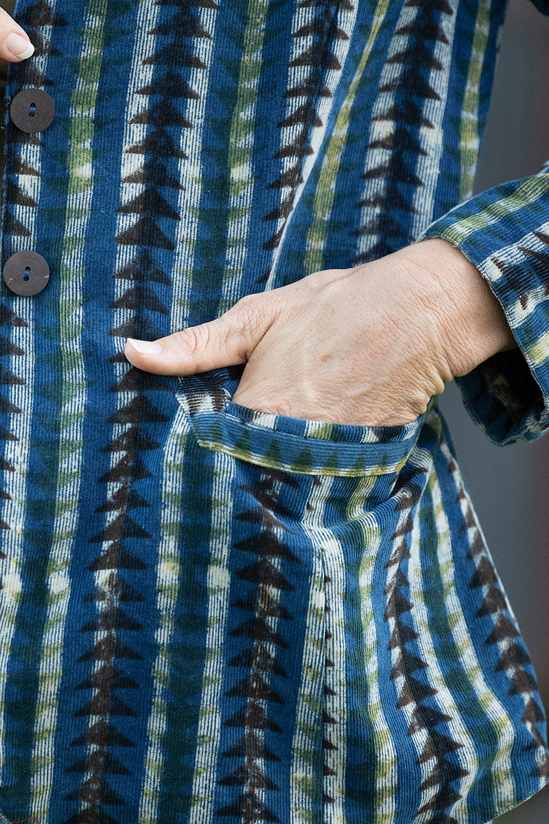 Womens, Tilbra Jacket, long sleeve, 100% cotton corduroy, hand block print. In natural earthy forest tones. Lazulite