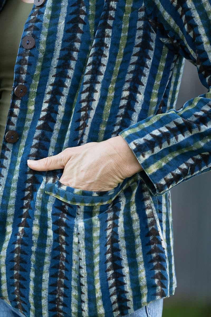 Womens, Tilbra Jacket, long sleeve, 100% cotton corduroy, hand block print. In natural earthy forest tones. Lazulite