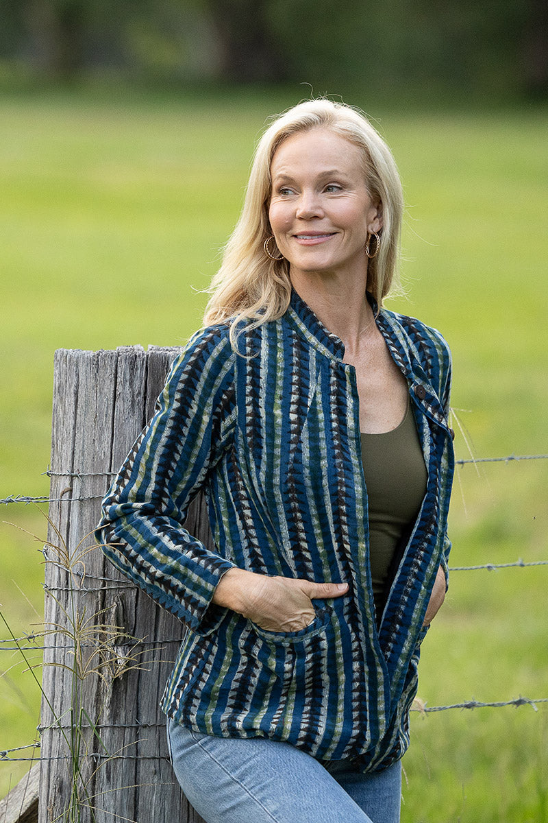 Womens, Tilbra Jacket, long sleeve, 100% cotton corduroy, hand block print. In natural earthy forest tones. Lazulite