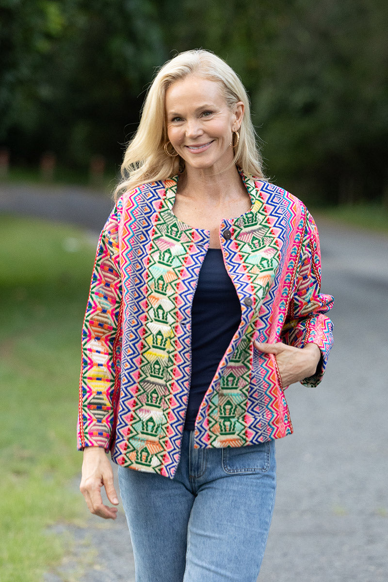 Womens Pachari Jacket, viscose/wool embroidered, vibrant Andean Sol
