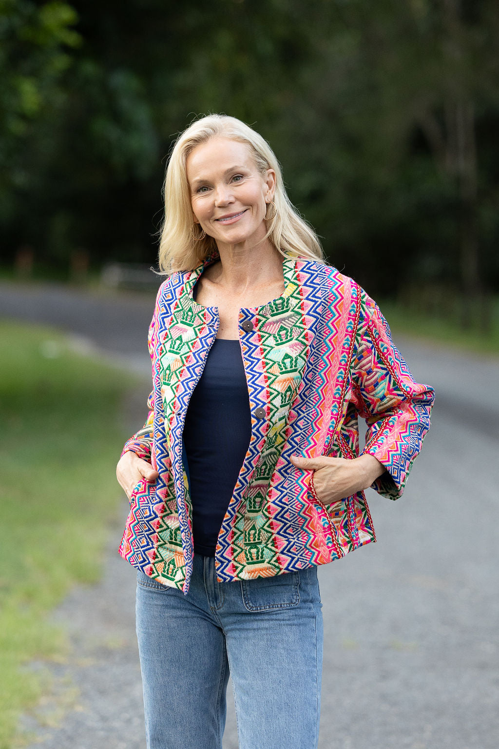 Womens Pachari Jacket, viscose/wool embroidered, vibrant Andean Sol