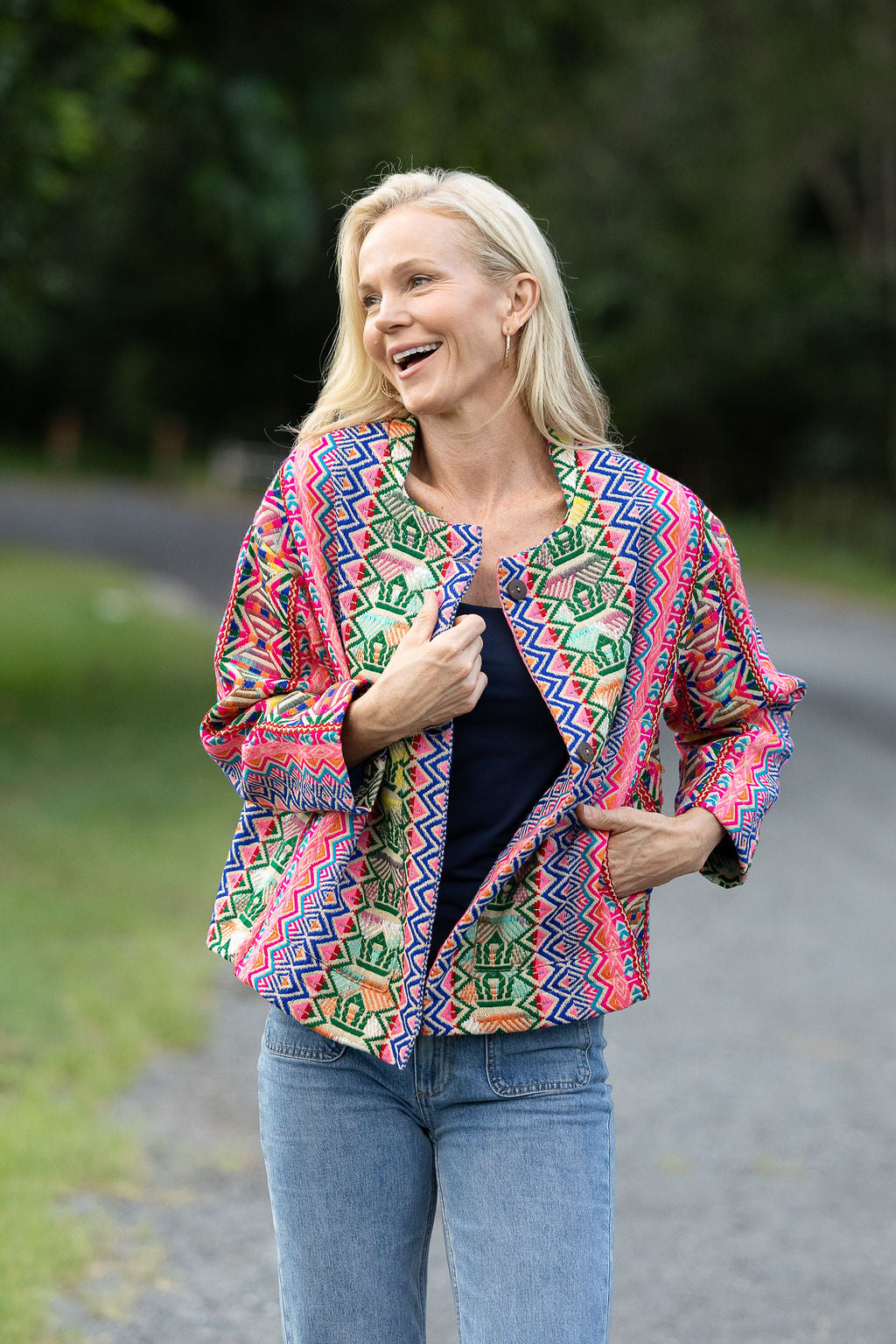 Womens Pachari Jacket, viscose/wool embroidered, vibrant Andean Sol