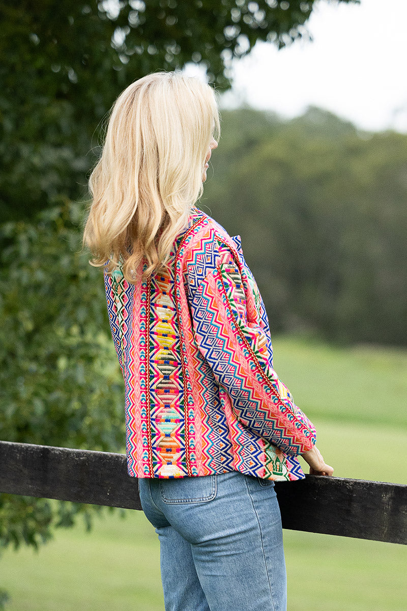 Womens Pachari Jacket, viscose/wool embroidered, vibrant Andean Sol
