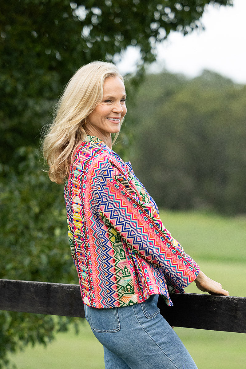 Womens Pachari Jacket, viscose/wool embroidered, vibrant Andean Sol