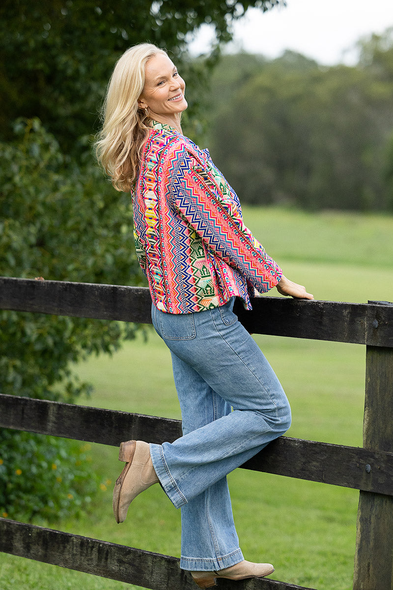 Womens Pachari Jacket, viscose/wool embroidered, vibrant Andean Sol