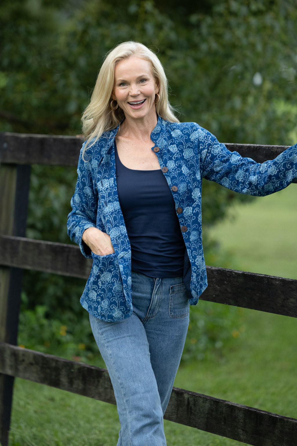 Womens, Tilbra Jacket, long sleeve, 100% cotton corduroy, hand block print. In natural Indigo Lila