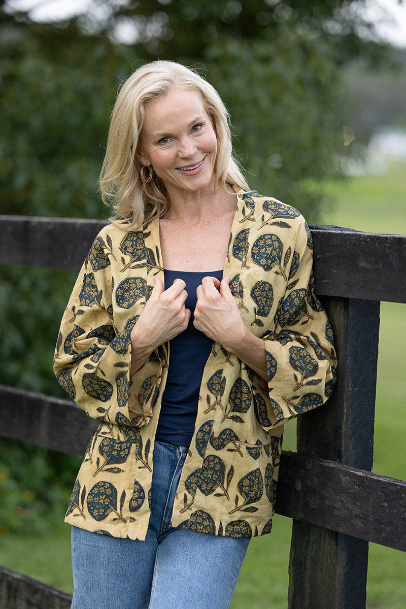 Womens, Lotus Jacket, full sleeve, 100% cotton, hand block print. Natural dye, figs on sepia - Harvest.