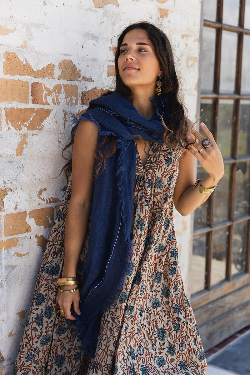 Wild Hearts Linen Scarf - Navy