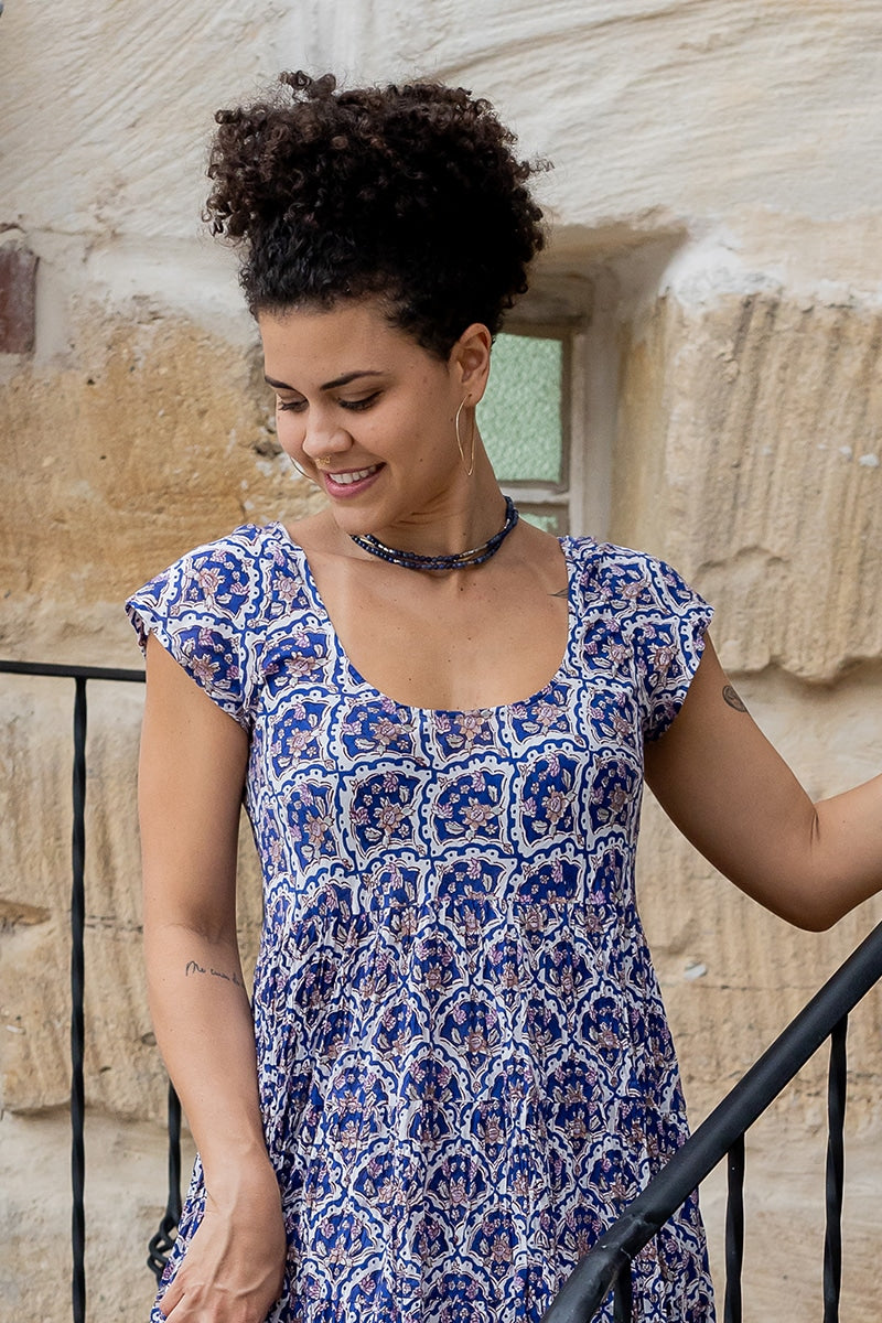 Womens Jalabi Cap Sleeve Midi Dress made from 100% cotton in the Mosaic hand block print