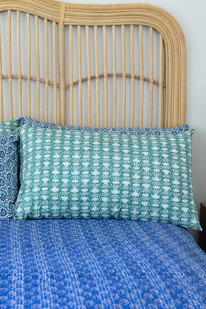 Home Living, Pillow Slips, 48cmx78cm, 100% cotton, hand block print. In a Green Lotus print - Jade