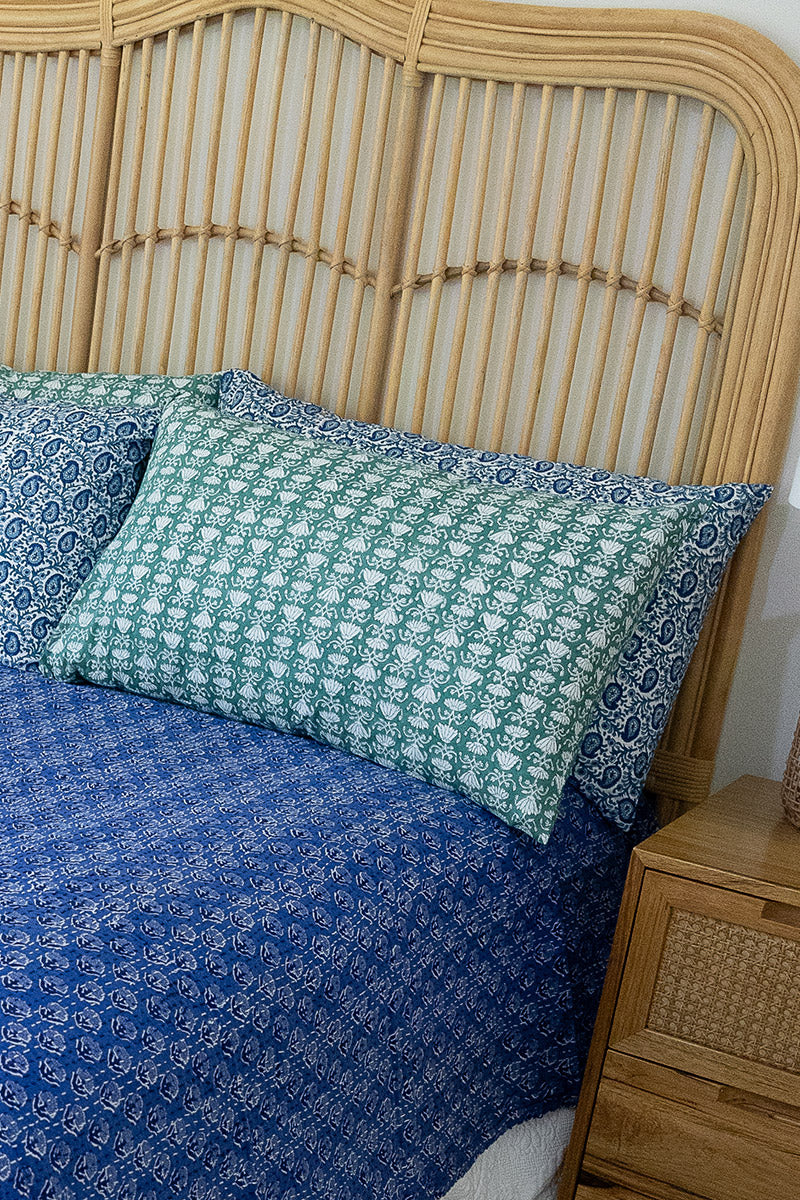 Home Living, Pillow Slips, 48cmx78cm, 100% cotton, hand block print. In a Green Lotus print - Jade