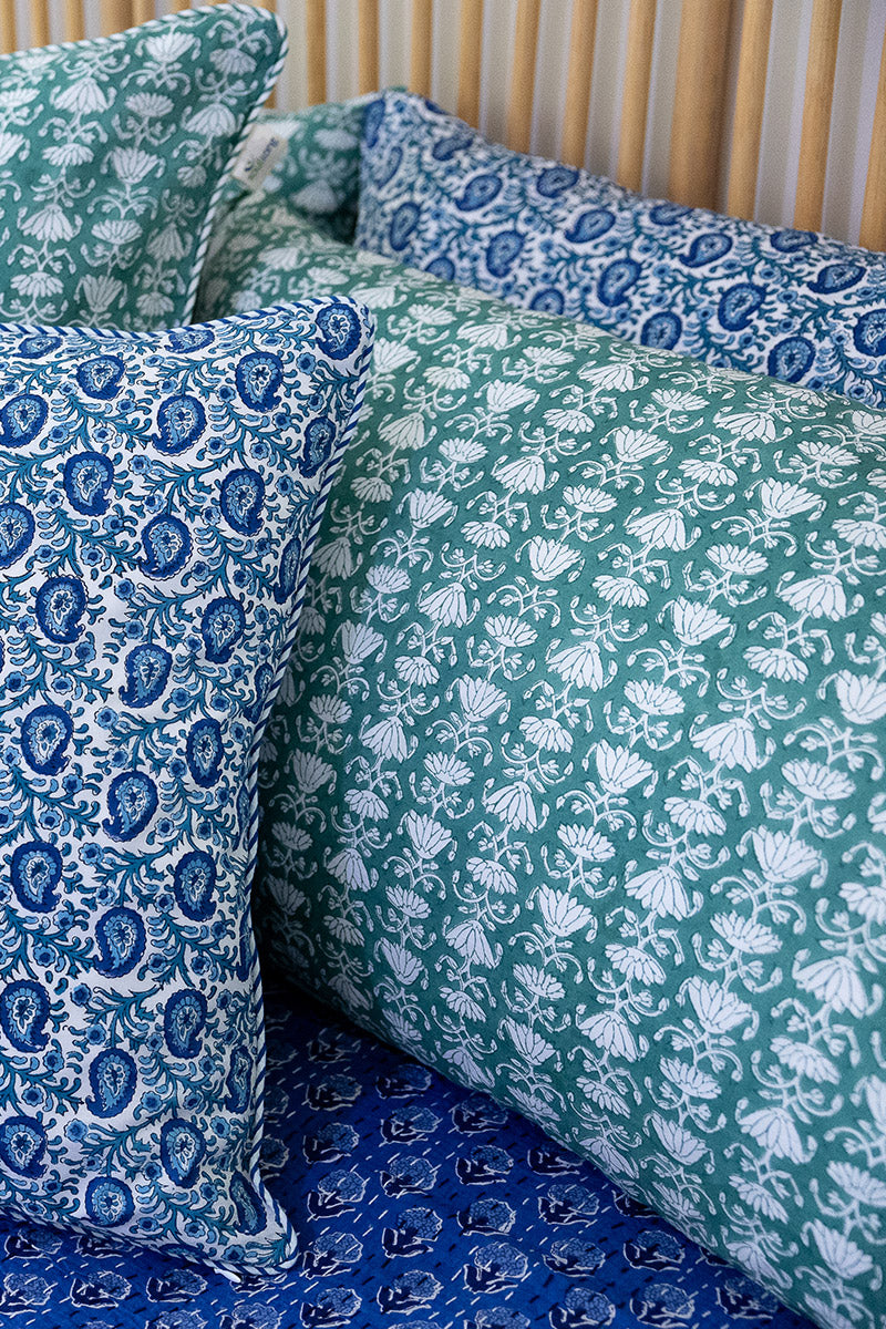 Home Living, Pillow Slips, 48cmx78cm, 100% cotton, hand block print. In a Green Lotus print - Jade