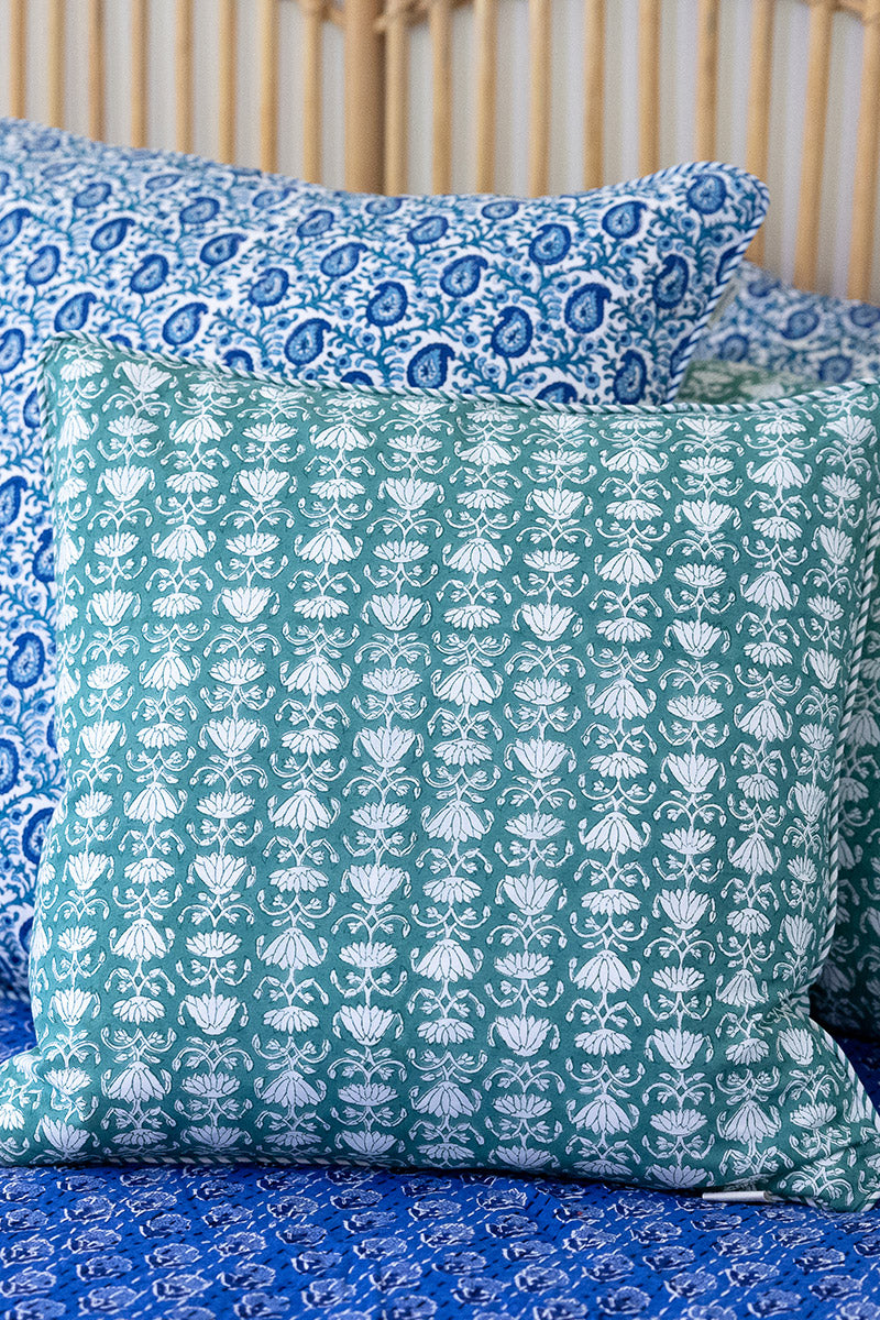 Home Living, Cushion Covers, 50x50cm & 65x65cm, 100% cotton, hand block print. In a Green Lotus print - Jade
