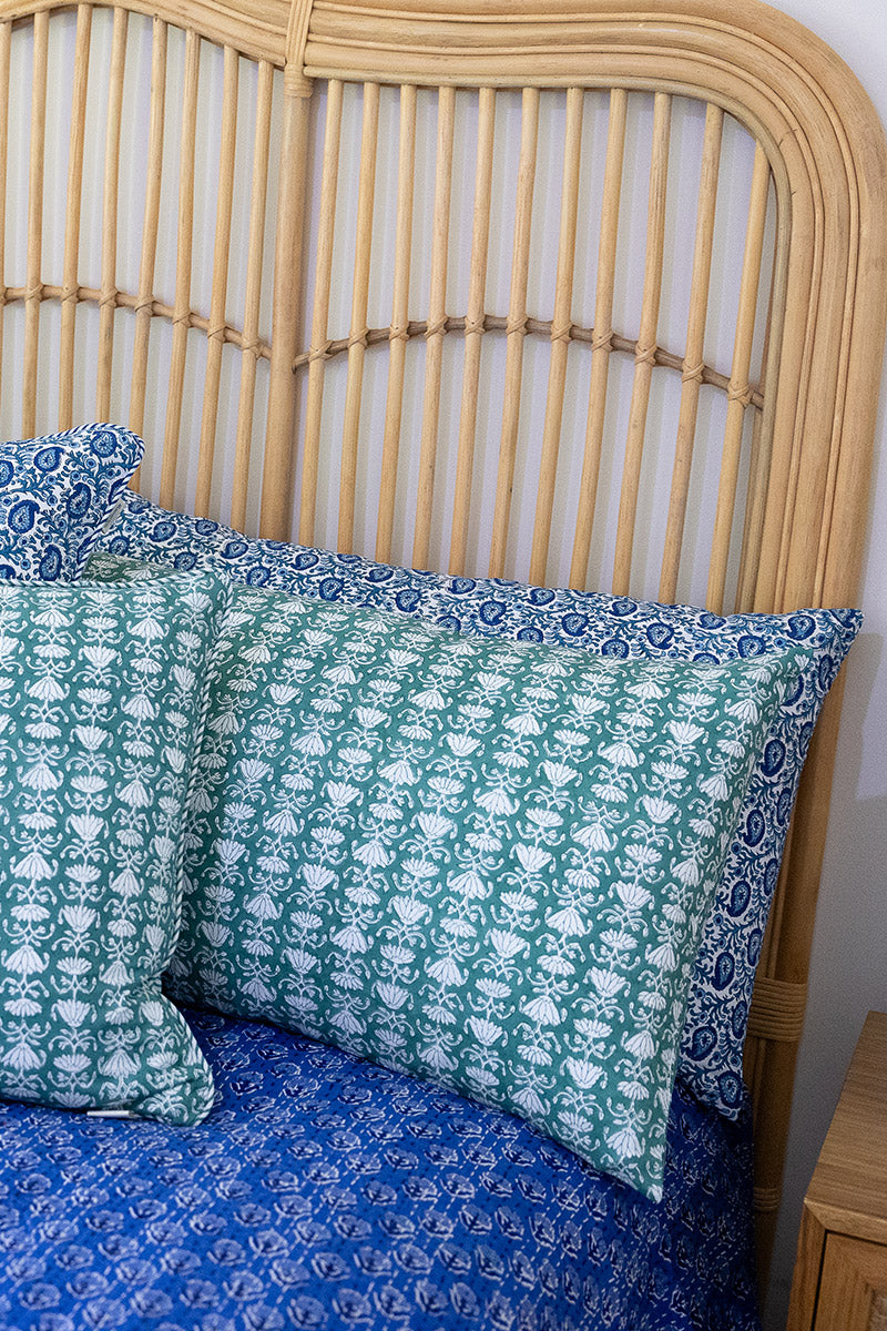 Home Living, Pillow Slips, 48cmx78cm, 100% cotton, hand block print. In a Green Lotus print - Jade