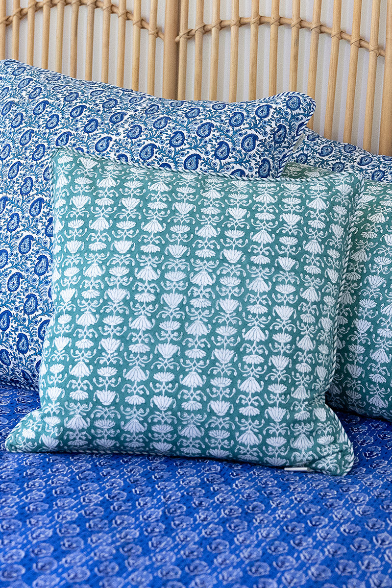 Home Living, Cushion Covers, 50x50cm & 65x65cm, 100% cotton, hand block print. In a Green Lotus print - Jade