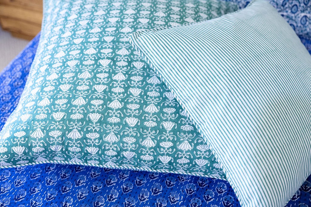 Home Living, Cushion Covers, 50x50cm & 65x65cm, 100% cotton, hand block print. In a Green Lotus print - Jade