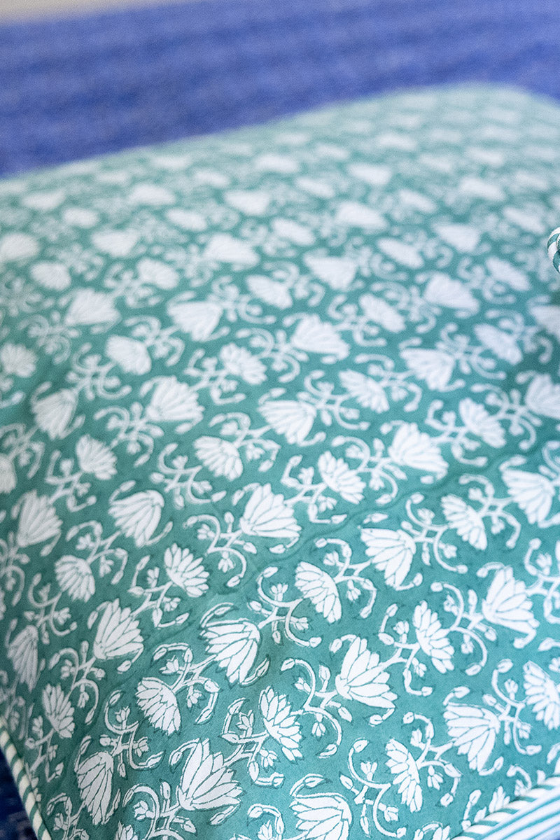 Home Living, Cushion Covers, 50x50cm & 65x65cm, 100% cotton, hand block print. In a Green Lotus print - Jade