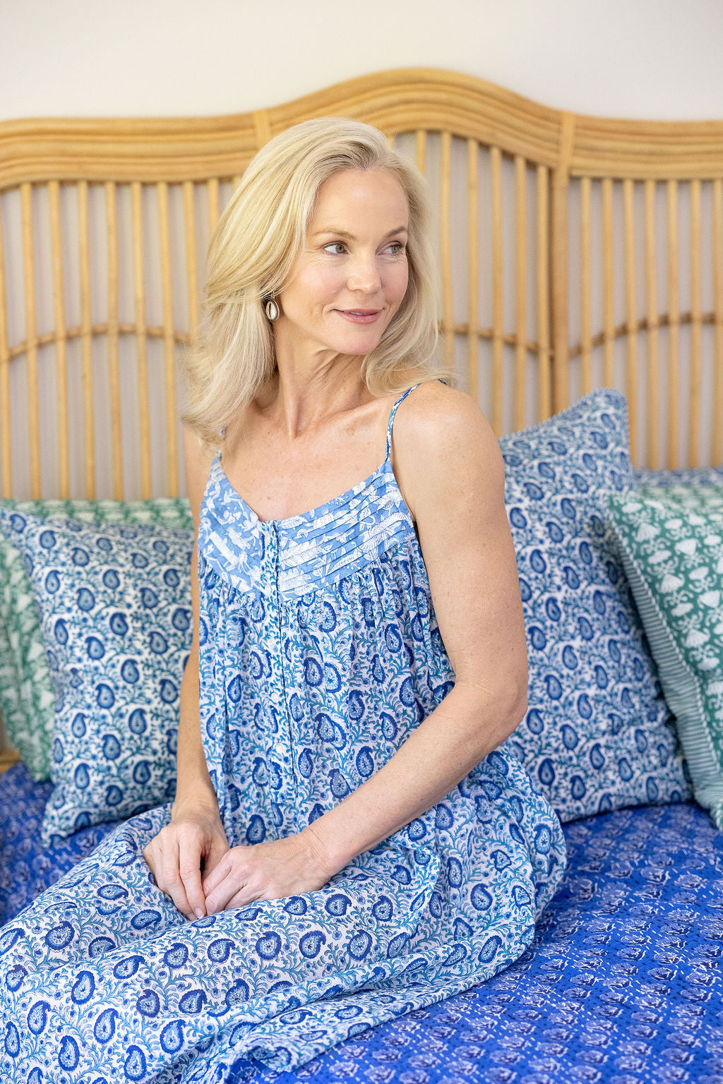 Womens, Eve Nightdress, with sleeves, 100% cotton, hand block print. Paisley print - Blue Henna