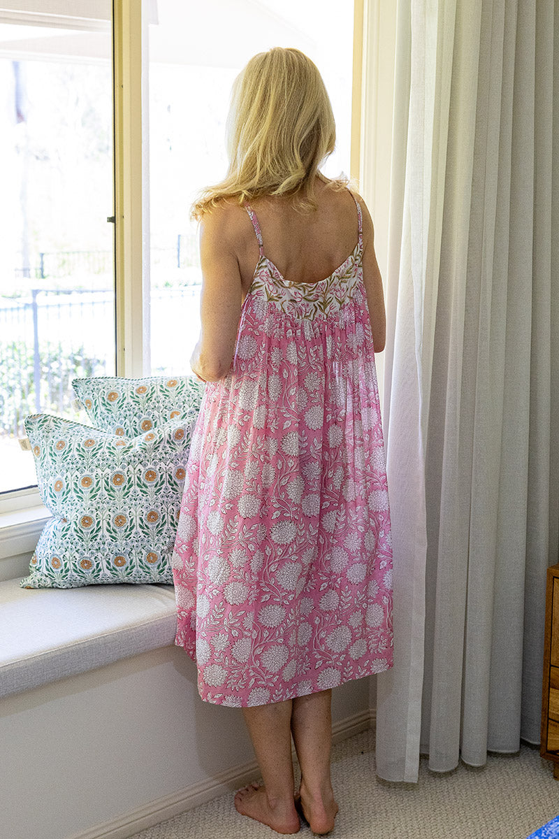 Womens, Eve Nightdress, with sleeves, 100% cotton, hand block print. In Pink Blush.