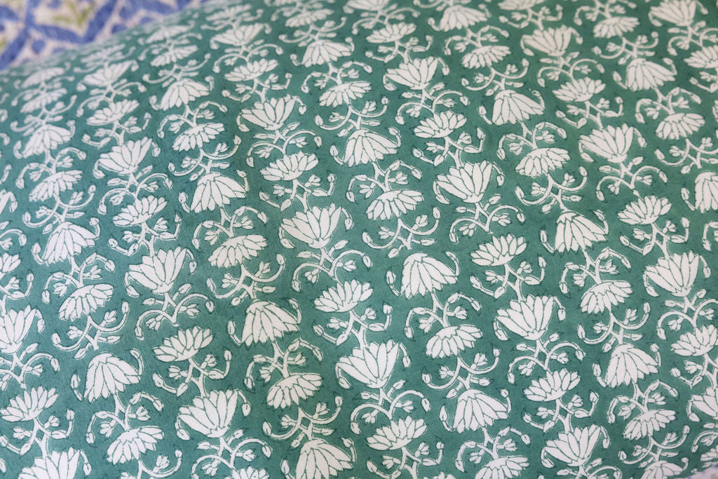 Home Living, Pillow Slips, 48cmx78cm, 100% cotton, hand block print. In a Green Lotus print - Jade
