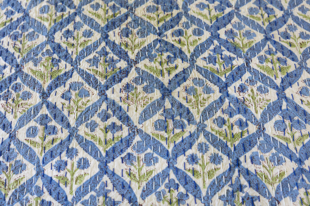 Kantha Bed Cover, 100% cotton, hand block print, hand-stitched. Double fabric. In a blue green mosaic print - Sorrel.