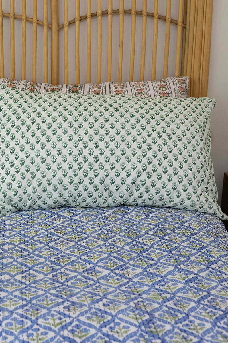 Home Living, Pillow Slips, 48cmx78cm, 100% cotton, hand block print. In soft green on white - Sage