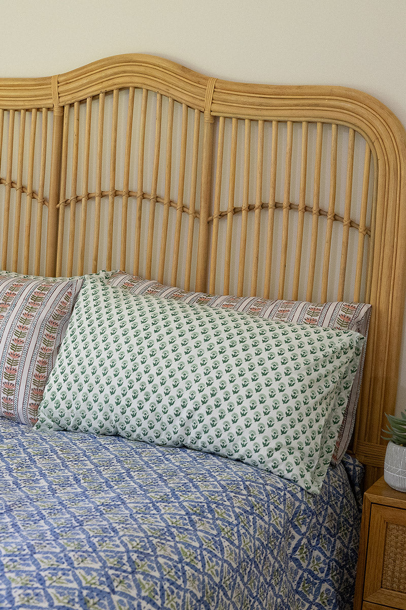 Home Living, Pillow Slips, 48cmx78cm, 100% cotton, hand block print. In soft green on white - Sage