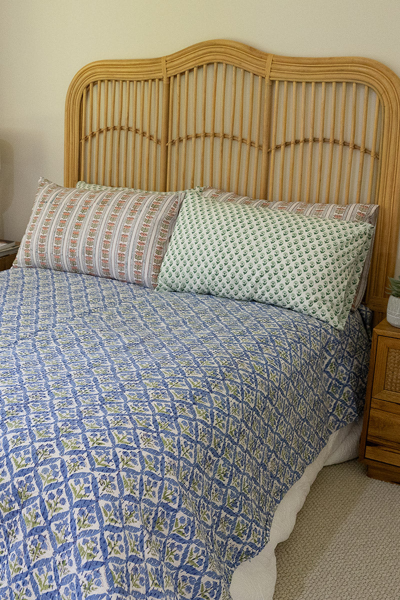 Home Living, Pillow Slips, 48cmx78cm, 100% cotton, hand block print. In soft green on white - Sage