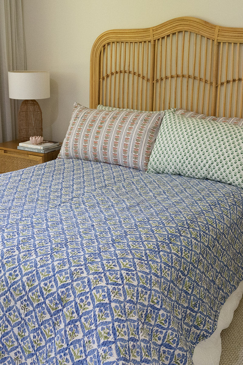 Kantha Bed Cover, 100% cotton, hand block print, hand-stitched. Double fabric. In a blue green mosaic print - Sorrel.