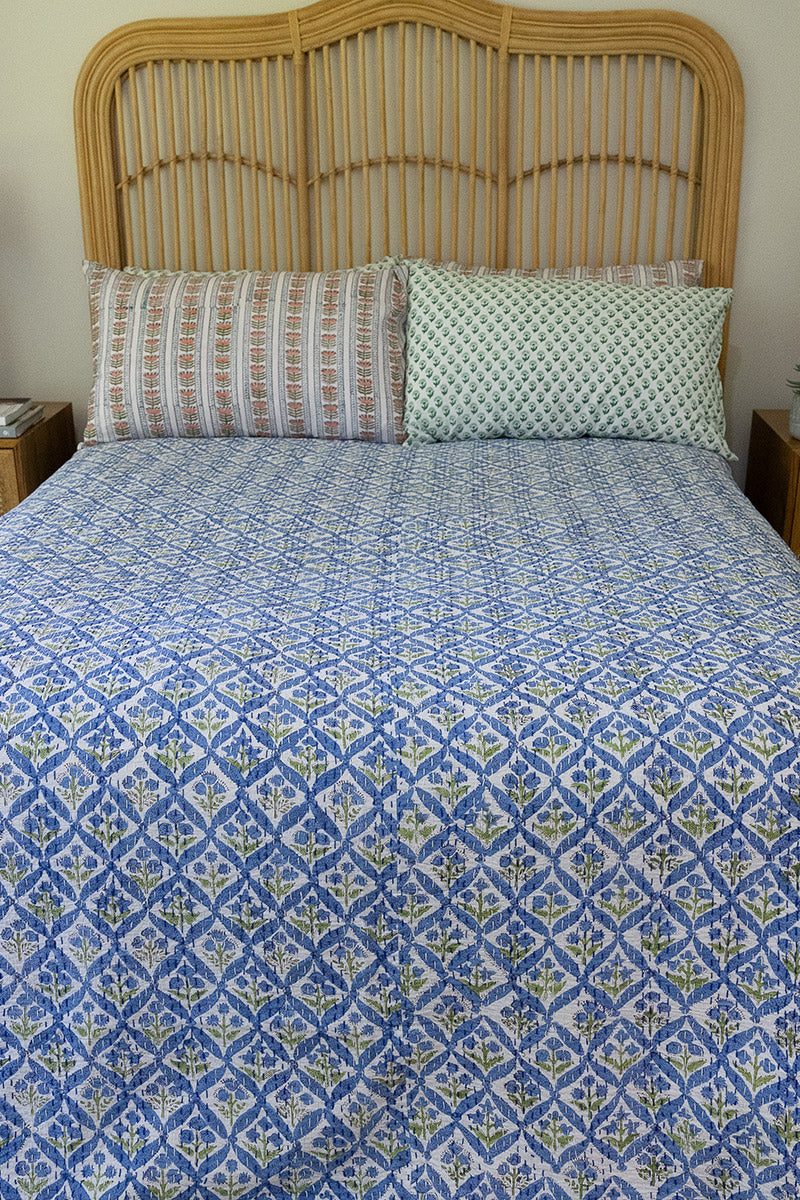 Home Living, Pillow Slips, 48cmx78cm, 100% cotton, hand block print. In soft green on white - Sage