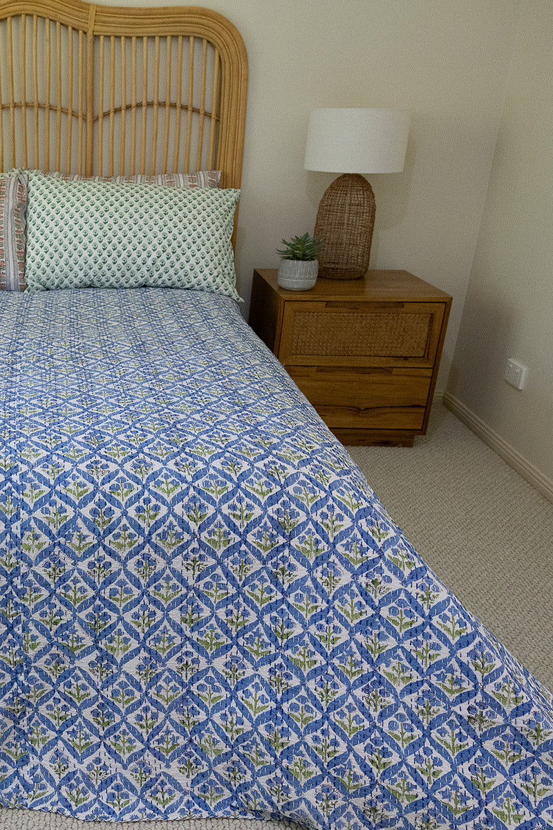 Kantha Bed Cover, 100% cotton, hand block print, hand-stitched. Double fabric. In a blue green mosaic print - Sorrel.