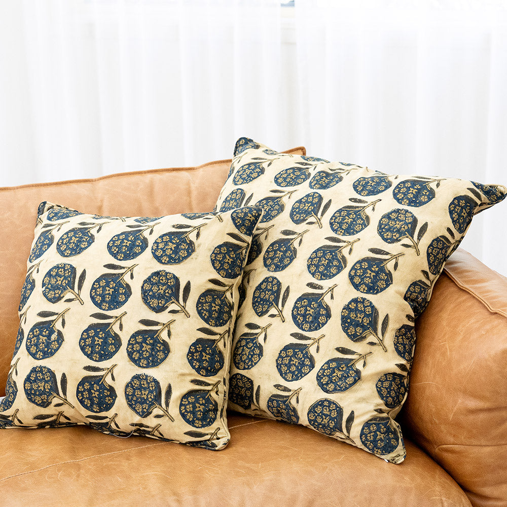 Home Living, Cushion Covers, 50x50cm & 65x65cm, 100% cotton, hand block print. Natural dye, figs on sepia - Harvest.