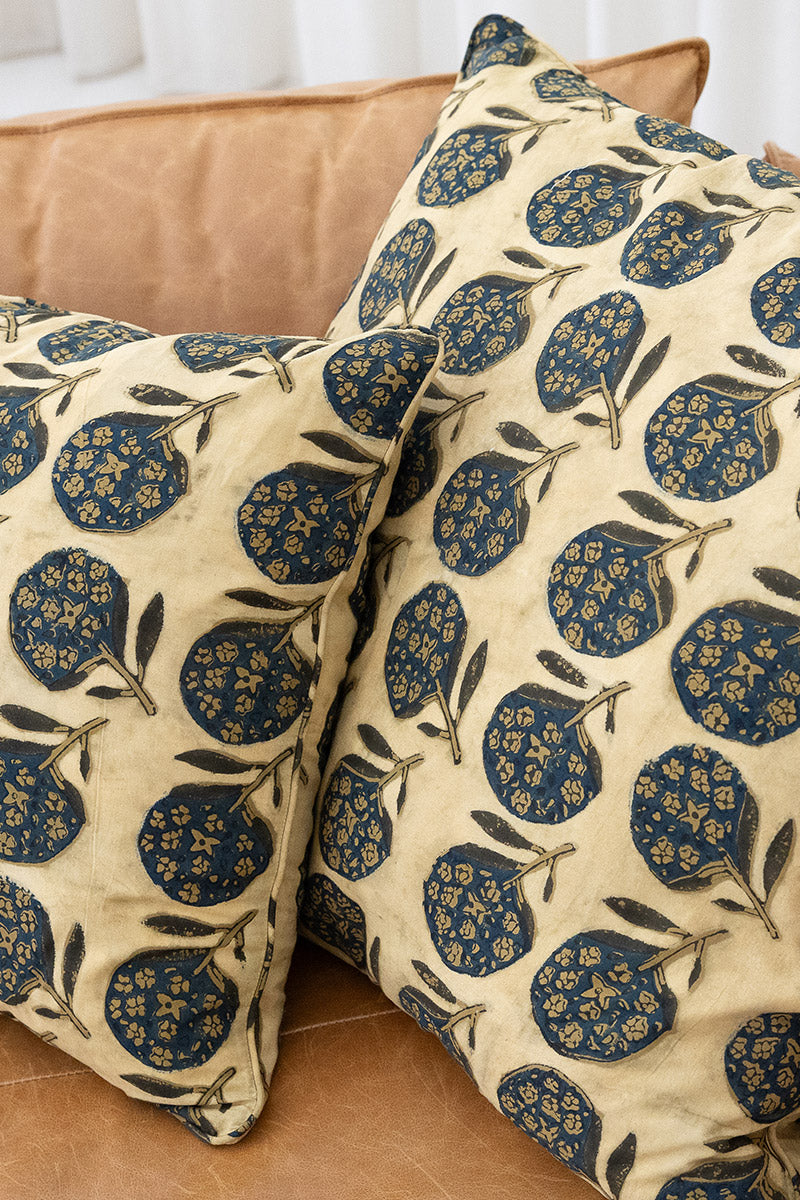Home Living, Cushion Covers, 50x50cm & 65x65cm, 100% cotton, hand block print. Natural dye, figs on sepia - Harvest.